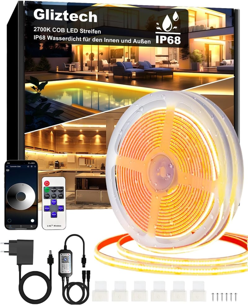 Bandă LED COB Gliztech 30 m 2x15 m IP68 rezistentă la apă 24 V 2700 K alb cald autoadezivă pentru exterior cu alimentare, aplicație și telecomandă pentru streșini și piscine