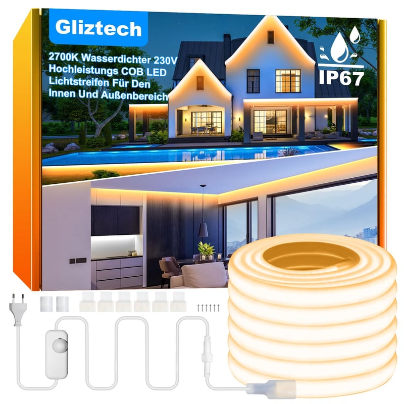 Bandă LED COB rezistentă la apă Gliztech IP67, 230V cu conectare directă, 2700K alb cald, 20 m, autoadezivă pentru exterior, controler cu siguranță dublă, pentru grădină și decor