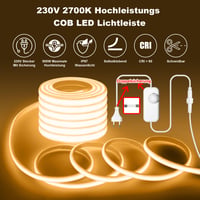 Bandă LED COB rezistentă la apă Gliztech IP67, 230V cu conectare directă, 2700K alb cald, 20 m, autoadezivă pentru exterior, controler cu siguranță dublă, pentru grădină și decor 2