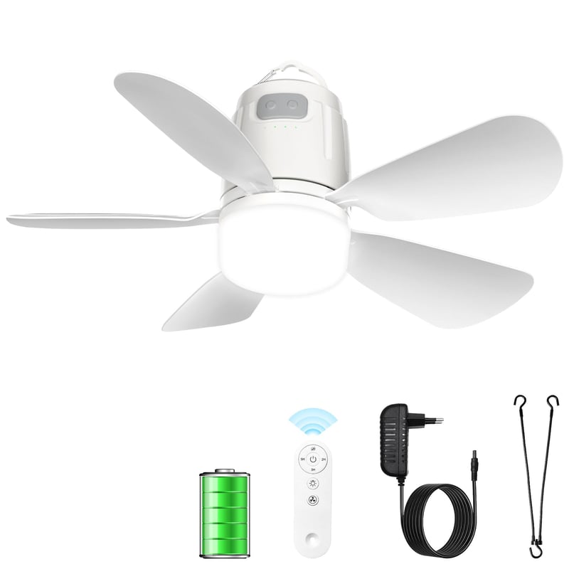 Stropný ventilátor Gliztech do exteriéru 50 cm, 20000 mAh kempingový ventilátor s batériou a svetlom, prenosné svietidlo s hákom a diaľkovým ovládaním, do altánku, na terasu, do stanu
