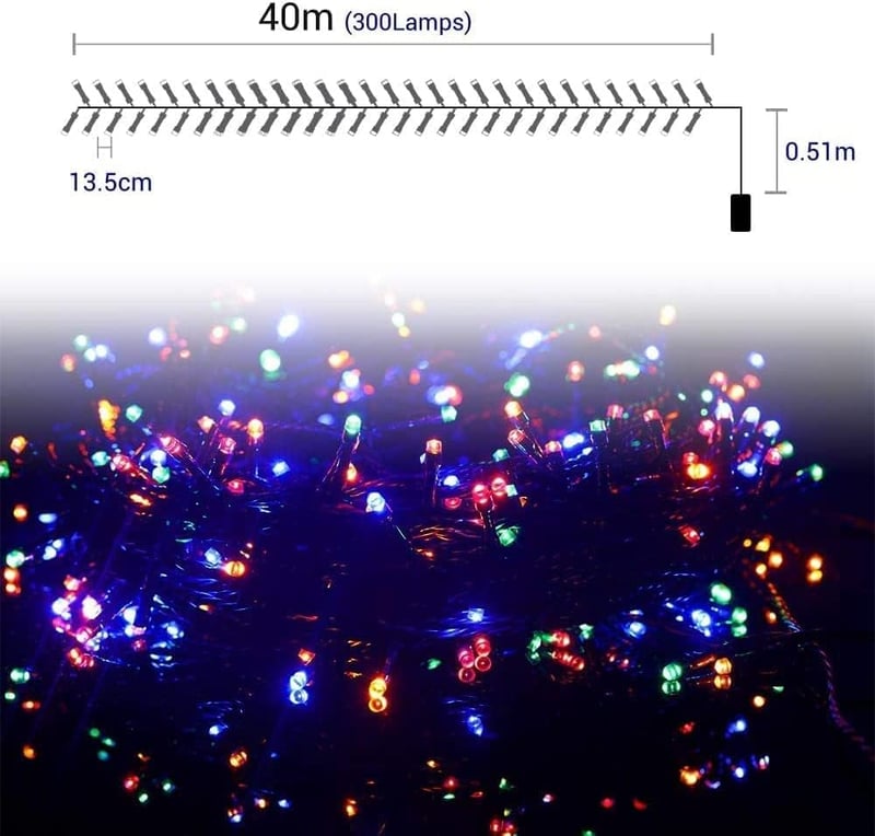 GlobaLink Elemes Tündérfény 300 LED 40m - Színes Kültéri-Beltéri Fényfüzér 8 Világítási Móddal, Időzítővel, IP44 Vízálló Dekoráció Karácsony