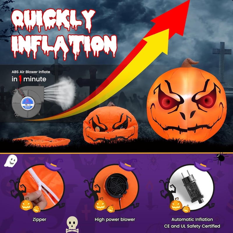 GlobaLink Decor de Halloween Gonflabil Dovleac 1,5m - Cu Iluminare LED, Ornament de Grădină Exterior-Interior, Articol de Petrecere pentru Copii