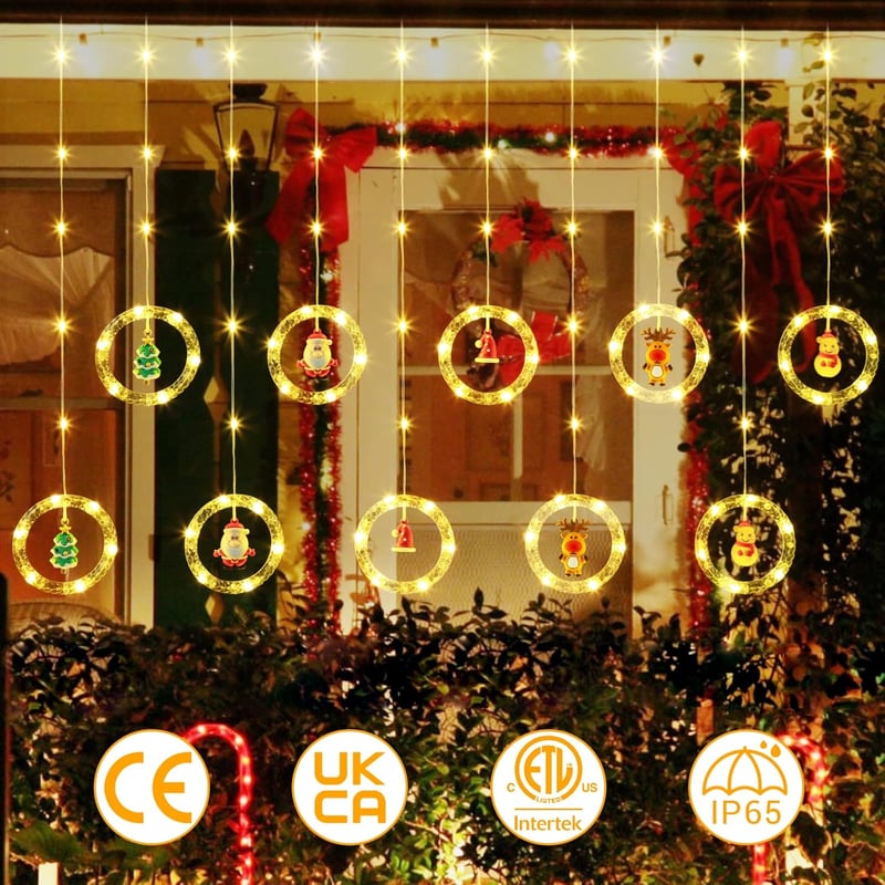GlobaLink Karácsonyi Ablakdísz Fényfüggöny 3m 100 LED - Időzítővel, 10 Figurával, 8 Világítási Móddal, IP65 Vízálló, Beltéri-Kültéri Meleg F