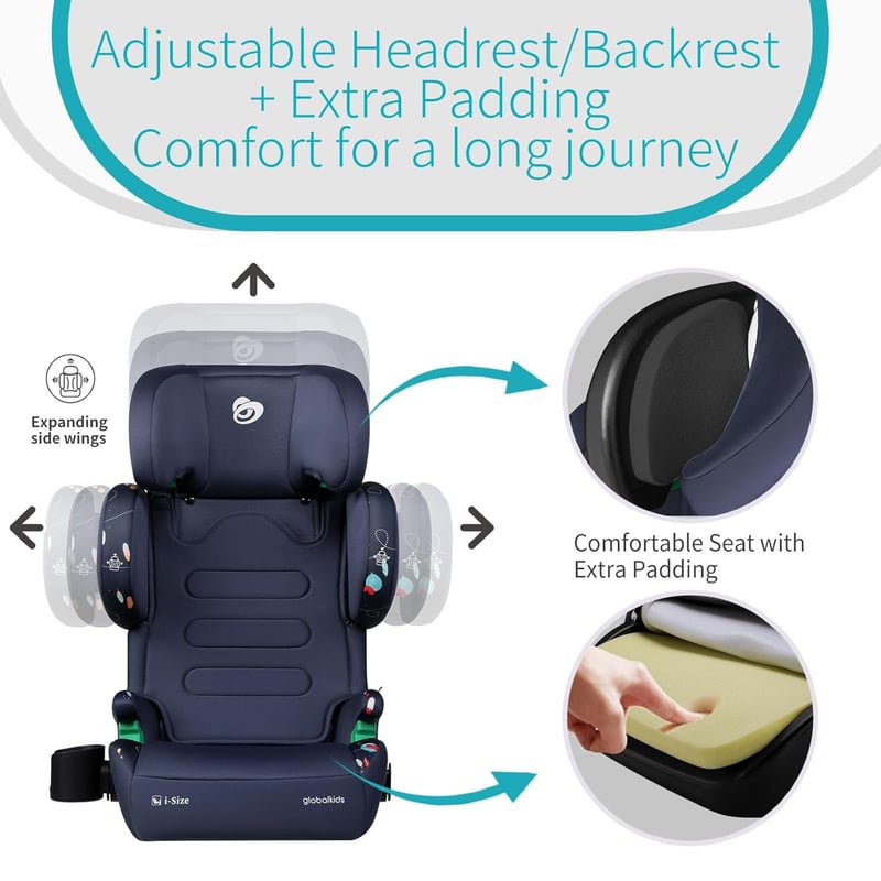 globalkids Gyerekülés 15-36 kg, Isofix Rendszerrel, i-Size R129 Ülésmagasító 3,5-12 Éves Korig (100-150 cm), Állítható Kartámasz és Fejtámla