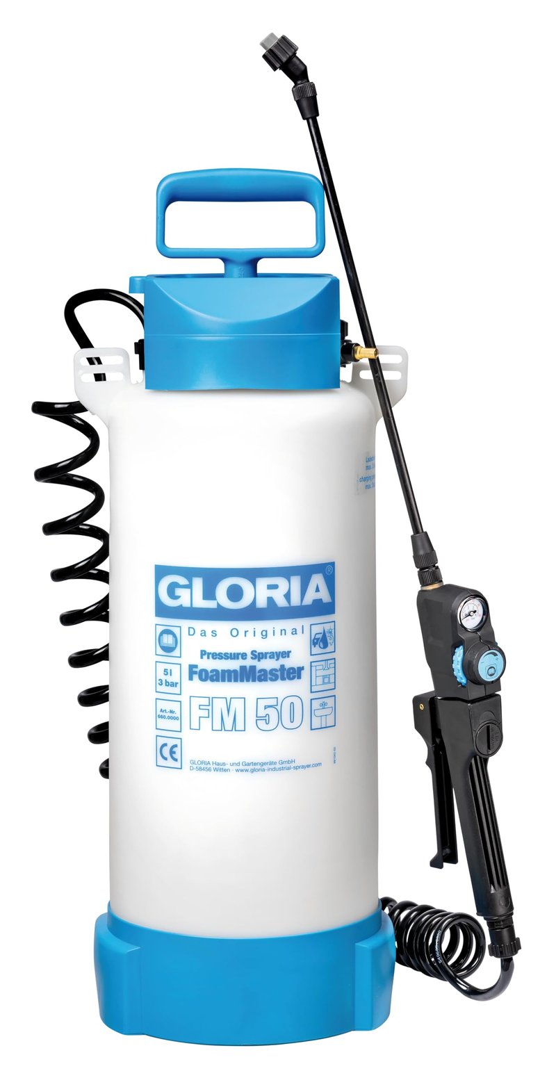 Penač Gloria FoamMaster FM 50 5L – Tlakový postrekovač na umývanie áut a čistenie budov, vymeniteľné penové vložky, 2,5 m špirálová hadica, kompresorová prípojka