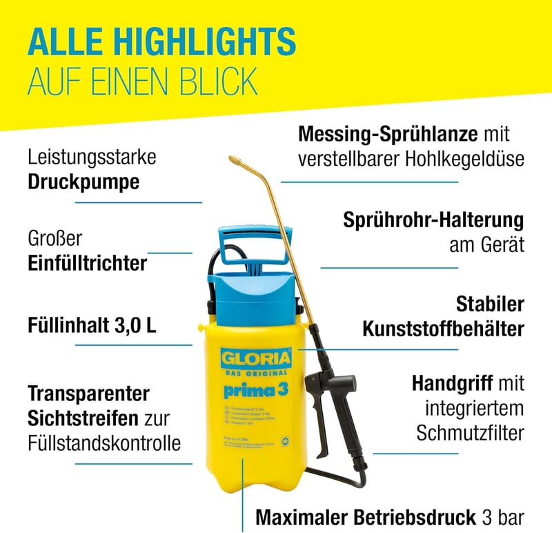 Gloria Pressure Sprayer 3L Kerti Permetezőgép Sárgaréz Fúvókával - 3L sprayer