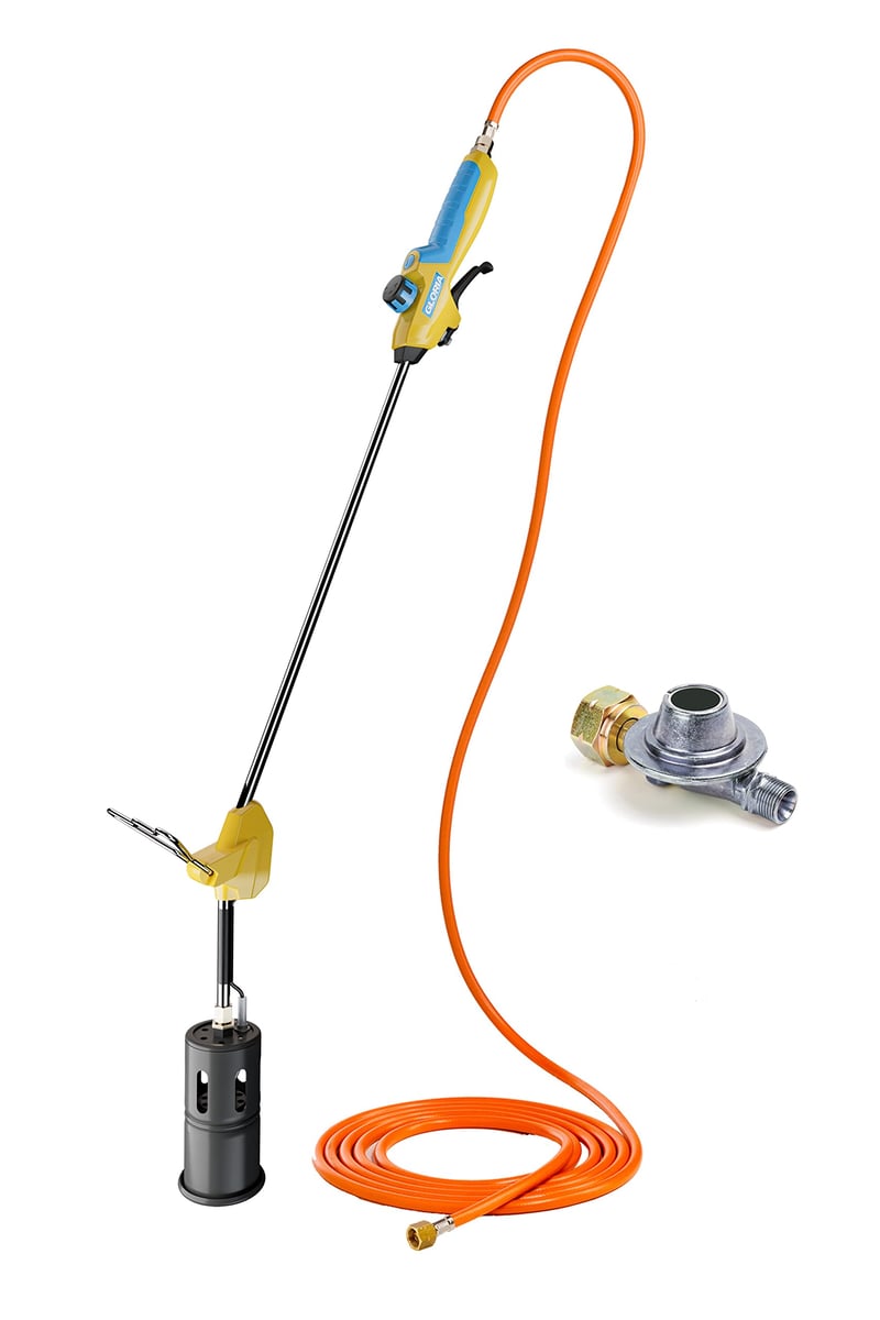 Plynový horák na ničenie buriny a plameňomet Gloria Thermoflamm Professional E+ Turbo Set na veľké plochy s turbo dýzou, nad 1200 °C, s regulátorom tlaku