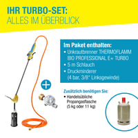 Plynový horák na ničenie buriny a plameňomet Gloria Thermoflamm Professional E+ Turbo Set na veľké plochy s turbo dýzou, nad 1200 °C, s regulátorom tlaku 3