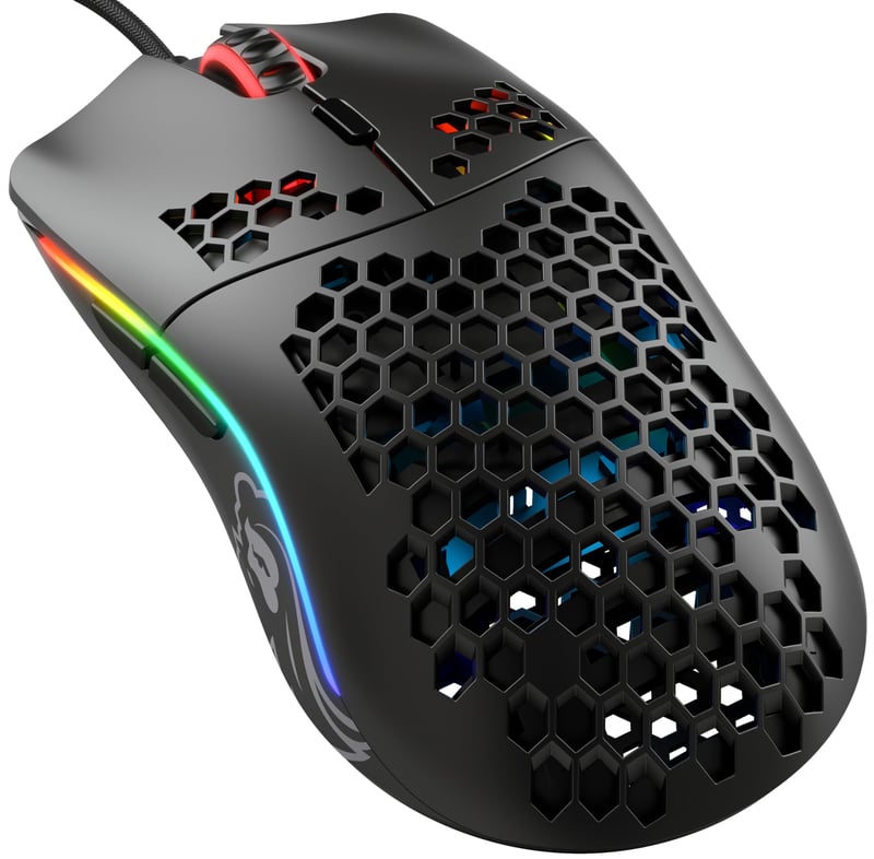 Herná myš Glorious Model O- – Ľahká 58 g, matná čierna, RGB, senzor Pixart 3360, dizajn včelieho plástu, obojručná, kábel Paracord