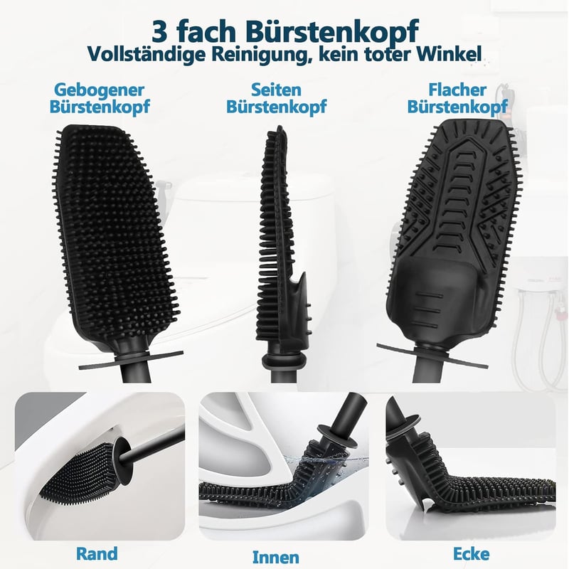 GLOWBAL szilikon WC kefe tartóval, gyors tisztításhoz, fekete
