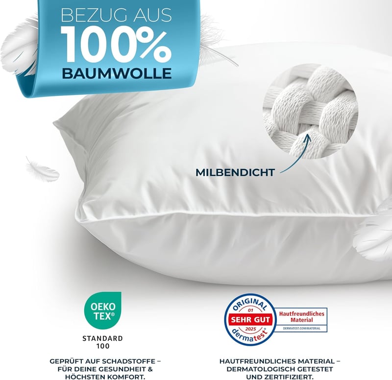 Glückstoff 80x80 cm-es Paplan Párna Szett 2 db, 100% Liba Toll, Ergonomikus 3 Kamrás Fekvőpárna