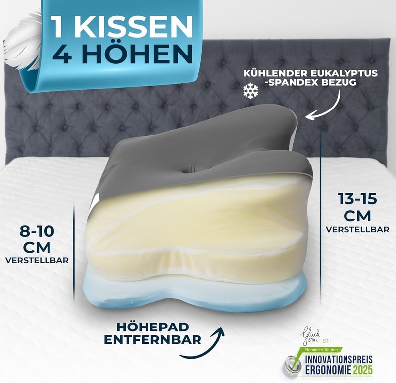 Glückstoff Ortopédikus Memóriahabos Nyakpárna Ergonomikus Nyakstabilizáló Szürke - Kissen [Version:Allrounder], Gray