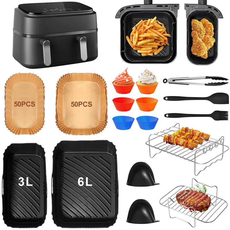 GMISUN Airfryer Kiegészítő Szett 14 részes Ninja Heißluftfritteuse 10,4L-es készülékhez - Pergamenpapír, Grillrács, Szilikon Süteményformák