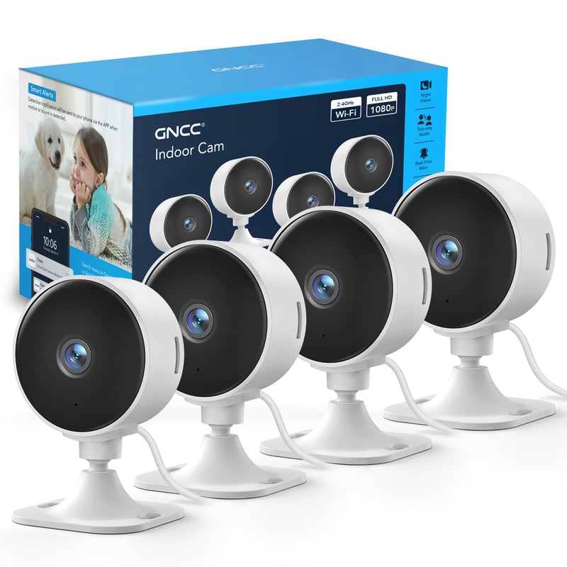 Sada 4 ks interiérových WiFi bezpečnostných kamier GNCC GC3, 1080P Full HD, 2,4 GHz, zásuvné, pevné, domáca monitorovacia kamera