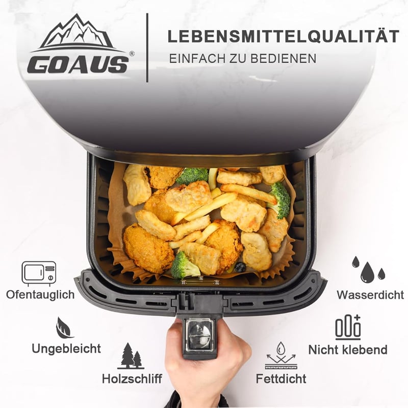 GOAUS Sütőpapír Forrólevegős Fritőzhöz 4,5-8L, 125 db Légkeveréses Sütő Papírtálka 20-24 cm Ninja Cosori Tefal Philips XL XXL
