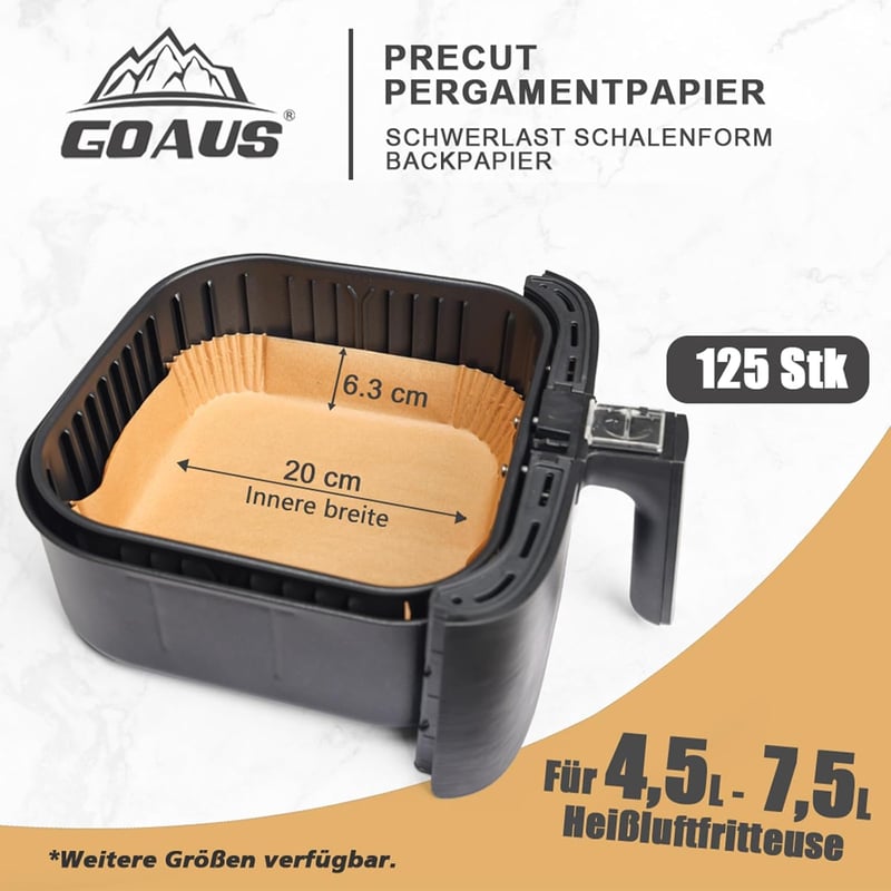 GOAUS Sütőpapír Forrólevegős Fritőzhöz 4,5-8L, 125 db Légkeveréses Sütő Papírtálka 20-24 cm Ninja Cosori Tefal Philips XL XXL