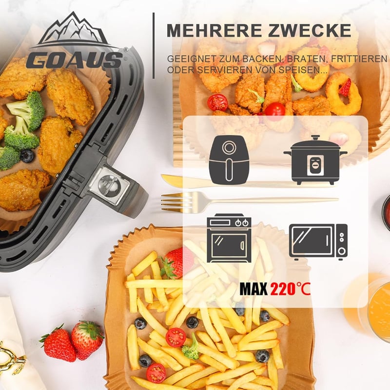 GOAUS Sütőpapír Forrólevegős Fritőzhöz 4,5-8L, 125 db Légkeveréses Sütő Papírtálka 20-24 cm Ninja Cosori Tefal Philips XL XXL