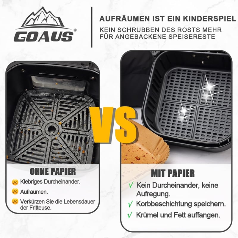 GOAUS Sütőpapír Forrólevegős Fritőzhöz 4,5-8L, 125 db Légkeveréses Sütő Papírtálka 20-24 cm Ninja Cosori Tefal Philips XL XXL