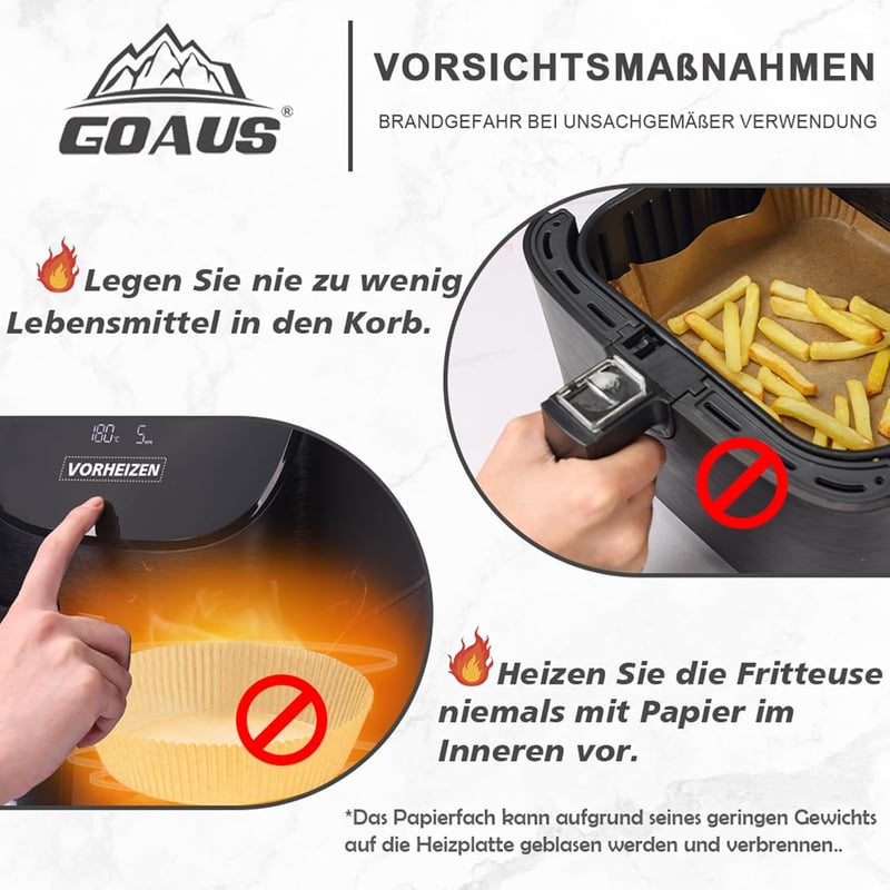 GOAUS Sütőpapír Forrólevegős Fritőzhöz 4,5-8L, 125 db Légkeveréses Sütő Papírtálka 20-24 cm Ninja Cosori Tefal Philips XL XXL
