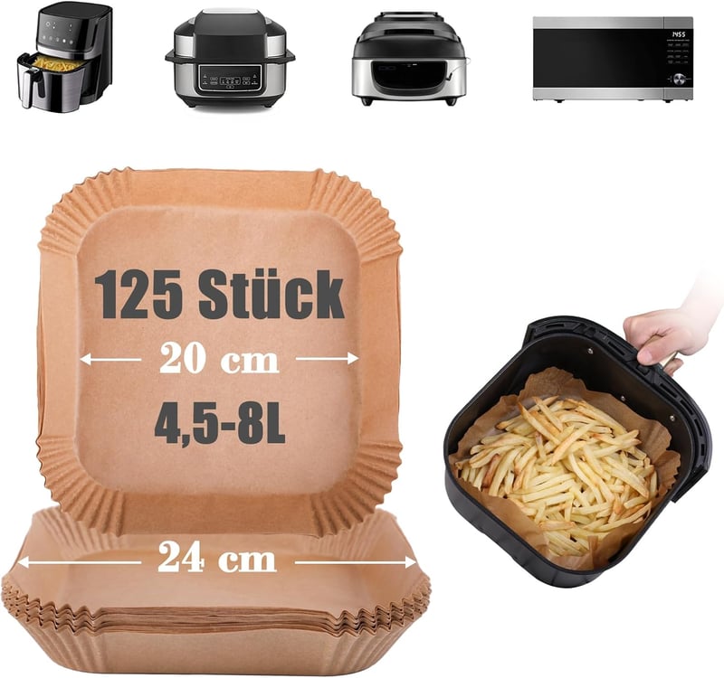 GOAUS Sütőpapír Forrólevegős Fritőzhöz 4,5-8L, 125 db Légkeveréses Sütő Papírtálka 20-24 cm Ninja Cosori Tefal Philips XL XXL