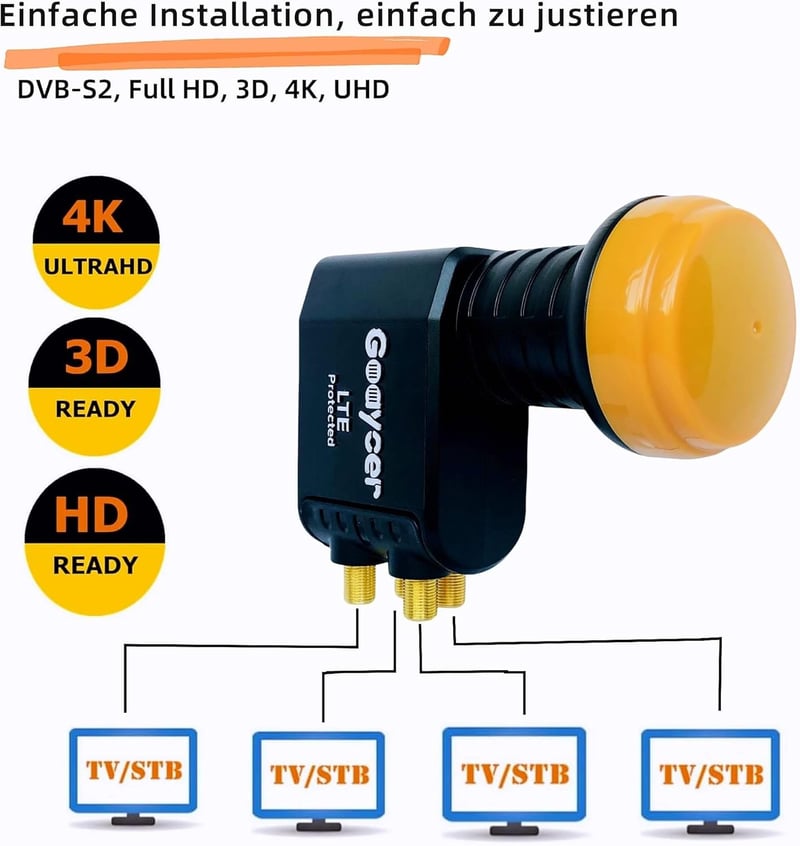 Goaycer Quad LNB 4-Utas Digitális HD 4K Műholdvevő LTE Szűrővel, Aranyozott Csatlakozó, Időjárásálló