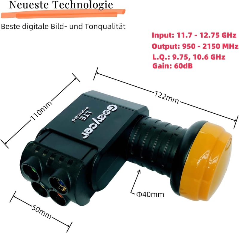 Goaycer Quad LNB 4-Utas Digitális HD 4K Műholdvevő LTE Szűrővel, Aranyozott Csatlakozó, Időjárásálló