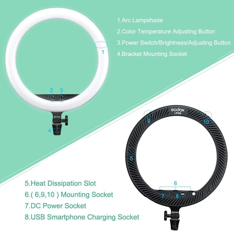Godox LR150 LED Körfény 46cm Állvánnyal Szelfi Gyűrűlámpa Szabályozható 3000K-6000K Sminkhez Videózáshoz Telefonhoz