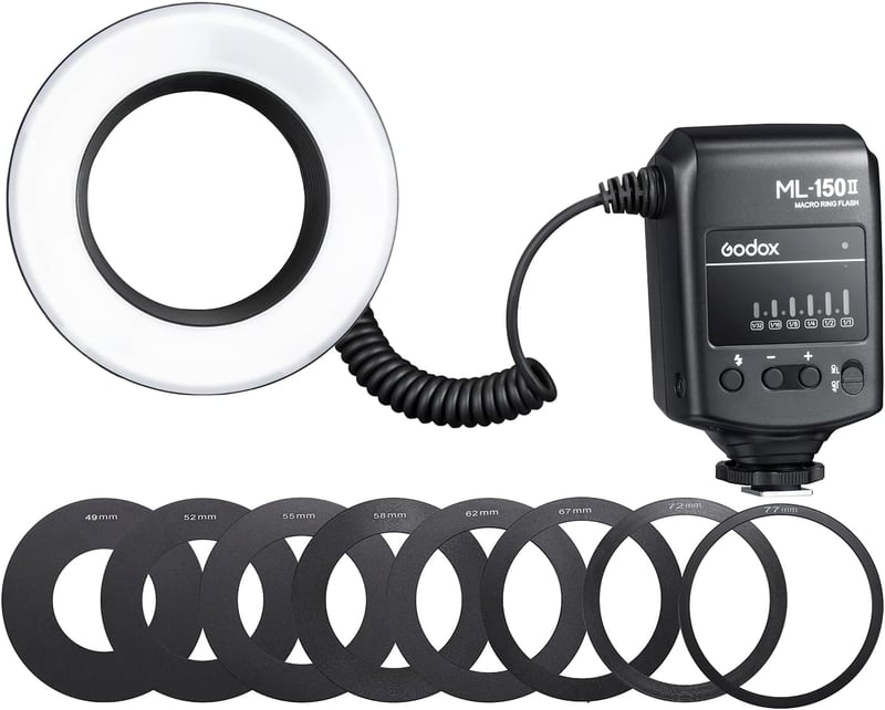 Godox ML-150II Univerzális Makró Körfény 11 Fényerő Szint 5800K GN12 Gyors Újratöltés Canon Nikon Sony DSLR Fényképezőgéphez 8 Adapter Gyűrű