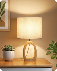 Lampă de noptieră mică GOEBLESON din lemn bej cu abajur din in, dulie E27, bec LED 2700K inclus, lampă de masă cu cablu pentru dormitor și sufragerie 1