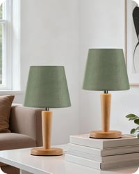 Set de 2 lămpi de noapte din lemn GOEBLESON, lămpi de masă verzi cu abajur din in, bec E27 inclus, 3000K 4000K 6500K, pentru living, dormitor sau pervaz 1