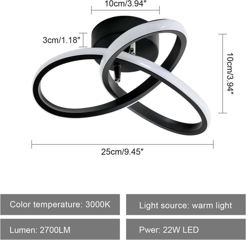 Goeco Modern LED Mennyezeti Lámpa 22W Meleg Fehér 3000K Fekete