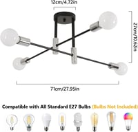 Goeco Vintage Sputnik Mennyezeti Lámpa 4 Izzós E27 Fekete Retro Csillár 71cm 3