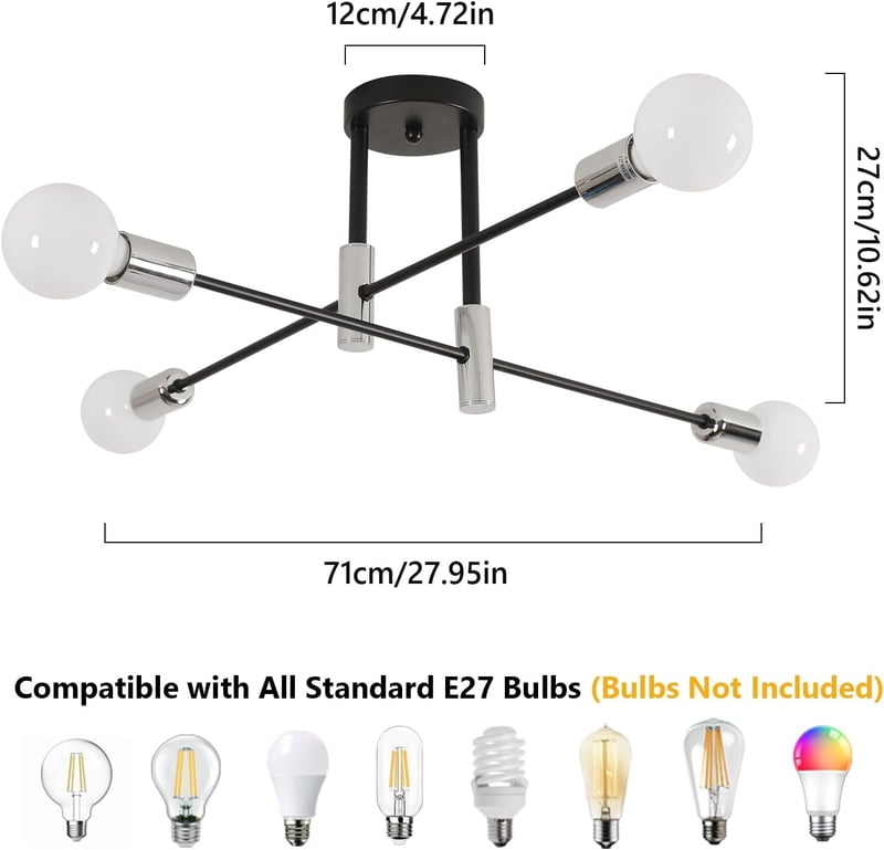 Goeco Vintage Sputnik Mennyezeti Lámpa 4 Izzós E27 Fekete Retro Csillár 71cm