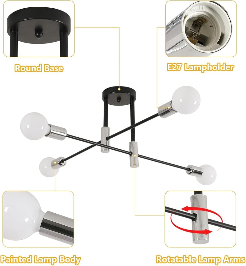 Goeco Vintage Sputnik Mennyezeti Lámpa 4 Izzós E27 Fekete Retro Csillár 71cm