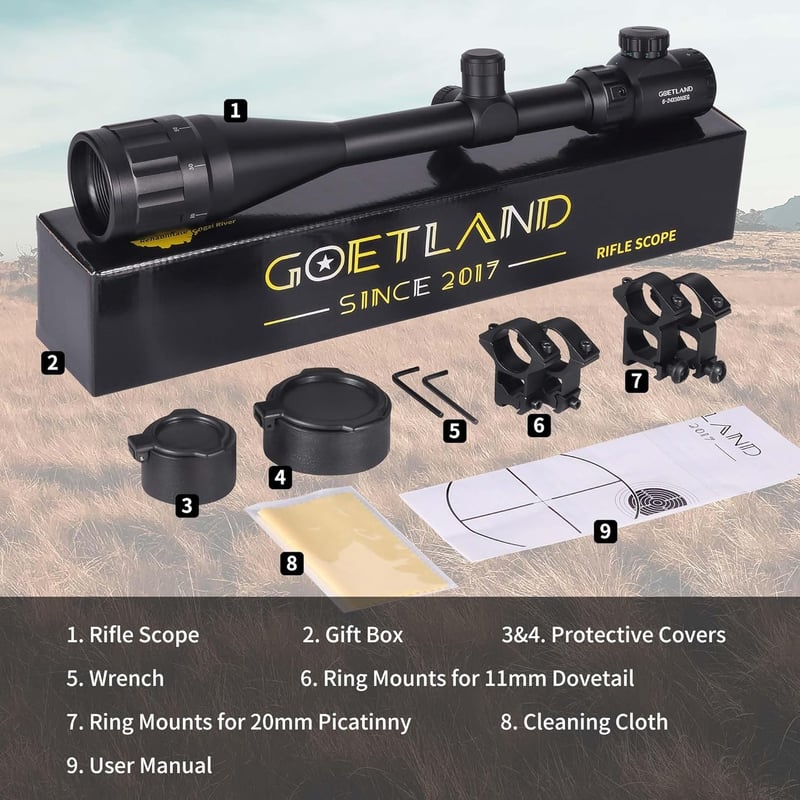 Goetland 6-24x50 AOEG Taktikai Puska Távcső Piros-Zöld Retikulával és Gyűrűkkel