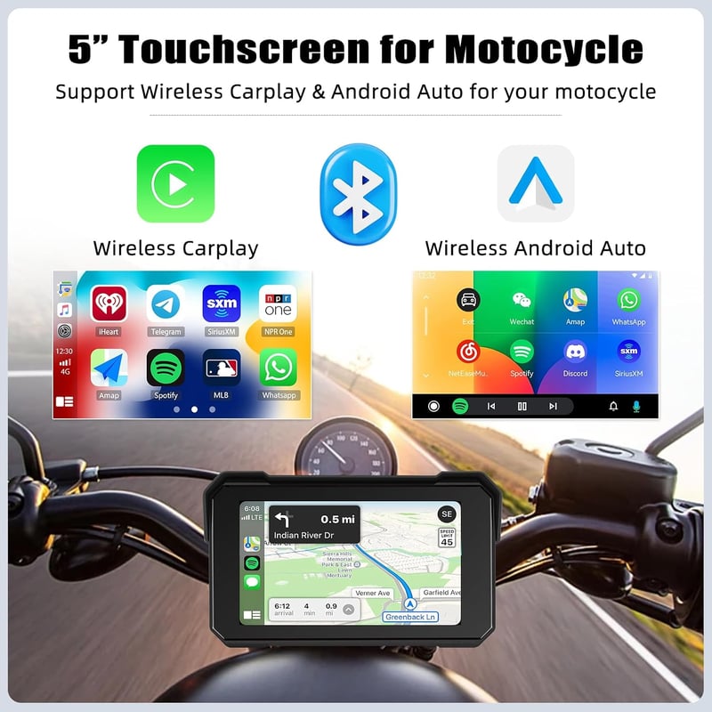 GOHHDL 5 hüvelykes vezeték nélküli CarPlay motoros érintőképernyős kijelző IP68 vízálló Bluetooth navigáció Siri TF kártya támogatással