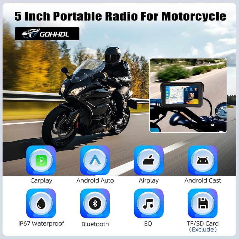 GOHHDL 5 hüvelykes vezeték nélküli CarPlay motoros érintőképernyős kijelző IP68 vízálló Bluetooth navigáció Siri TF kártya támogatással