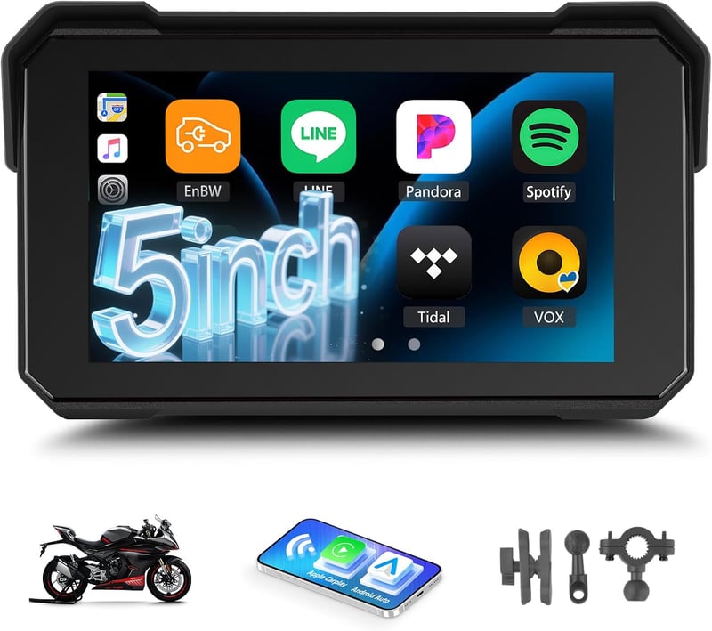 GOHHDL 5 hüvelykes vezeték nélküli CarPlay motoros érintőképernyős kijelző IP68 vízálló Bluetooth navigáció Siri TF kártya támogatással