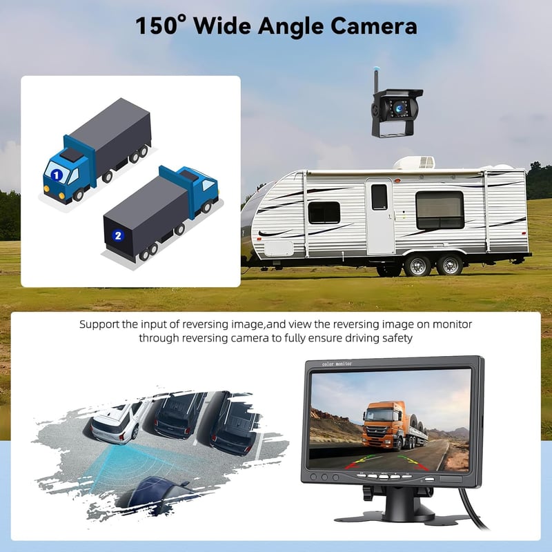 GOHHDL 7 hüvelykes 1080P WiFi vezeték nélküli tolatókamera szett 2 IP68 vízálló kamerával monitorral utánfutóhoz kamionhoz buszhoz autóhoz