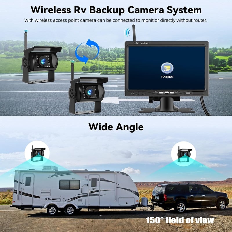 GOHHDL 7 hüvelykes 1080P WiFi vezeték nélküli tolatókamera szett 2 IP68 vízálló kamerával monitorral utánfutóhoz kamionhoz buszhoz autóhoz