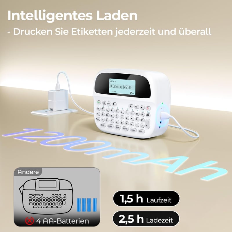 Goknu M950 Bluetooth címkenyomtató QWERTZ billentyűzettel és LCD kijelzővel
