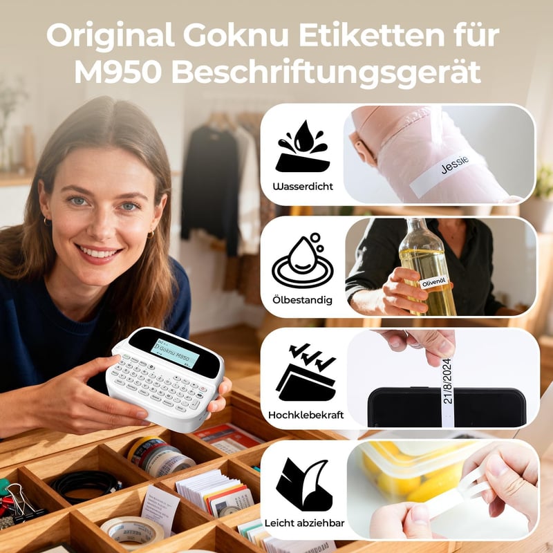 Goknu M950 Bluetooth címkenyomtató QWERTZ billentyűzettel és LCD kijelzővel