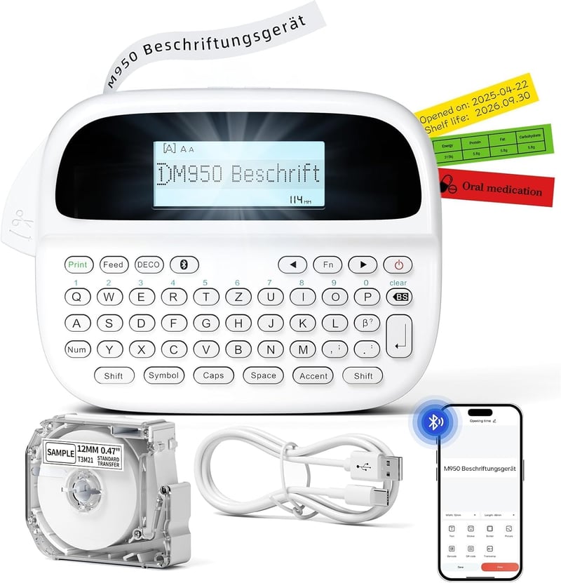 Goknu M950 Bluetooth címkenyomtató QWERTZ billentyűzettel és LCD kijelzővel