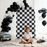 Fundal de decor pentru petrecere tematică cu mașini de curse, 182 cm, model în carouri alb-negru, pentru zi de naștere copii băieți 7