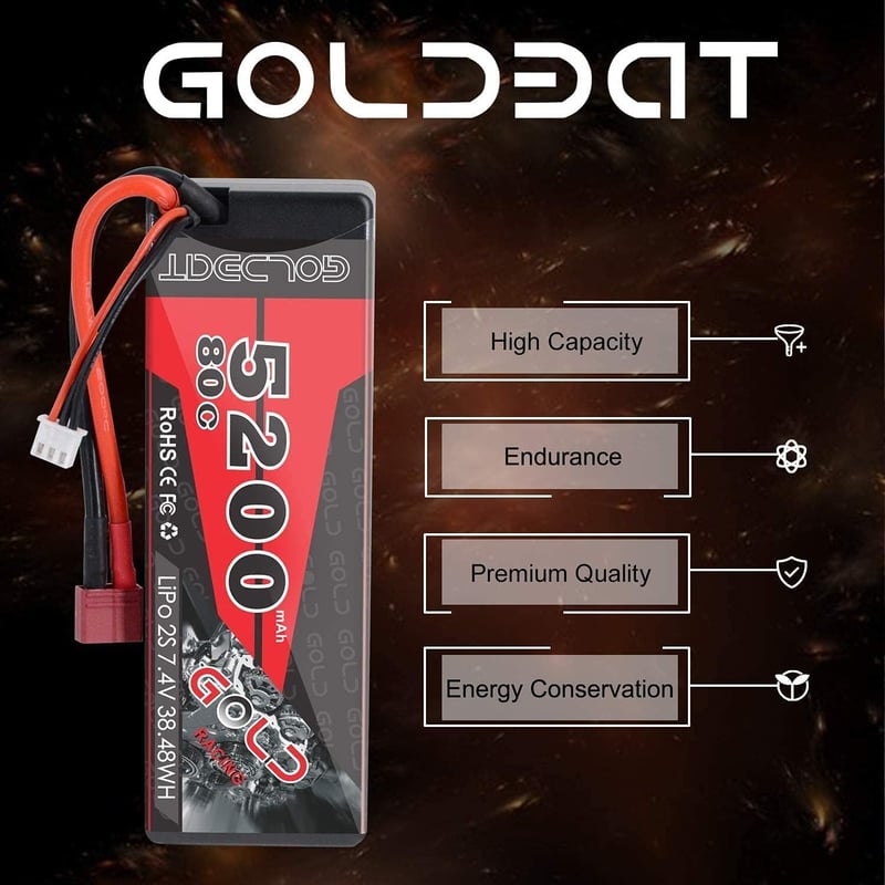GOLDBAT 5200 mAh 7.4V 2S 80C LiPo akkumulátor RC járművekhez, Deans csatlakozóval - RC autó, hajó, drón, helikopter modellekhez