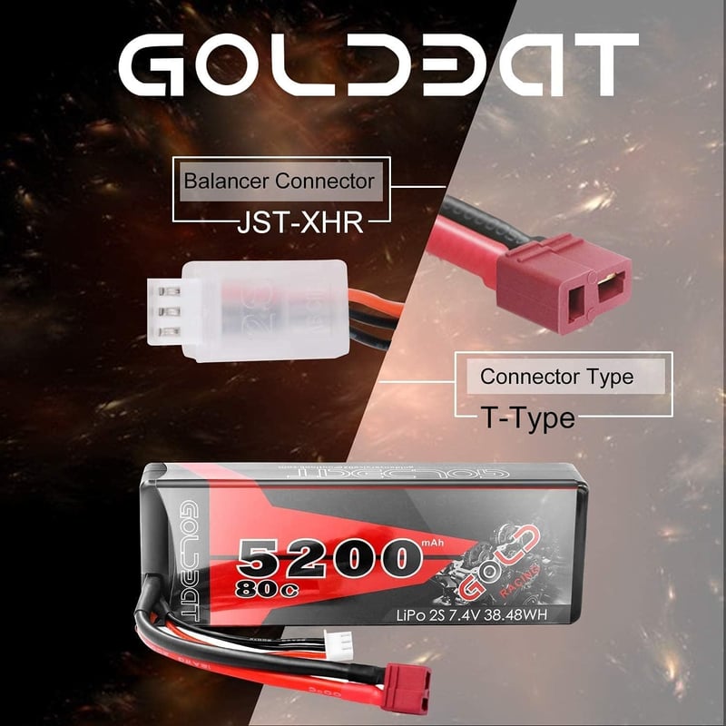 GOLDBAT 5200 mAh 7.4V 2S 80C LiPo akkumulátor RC járművekhez, Deans csatlakozóval - RC autó, hajó, drón, helikopter modellekhez
