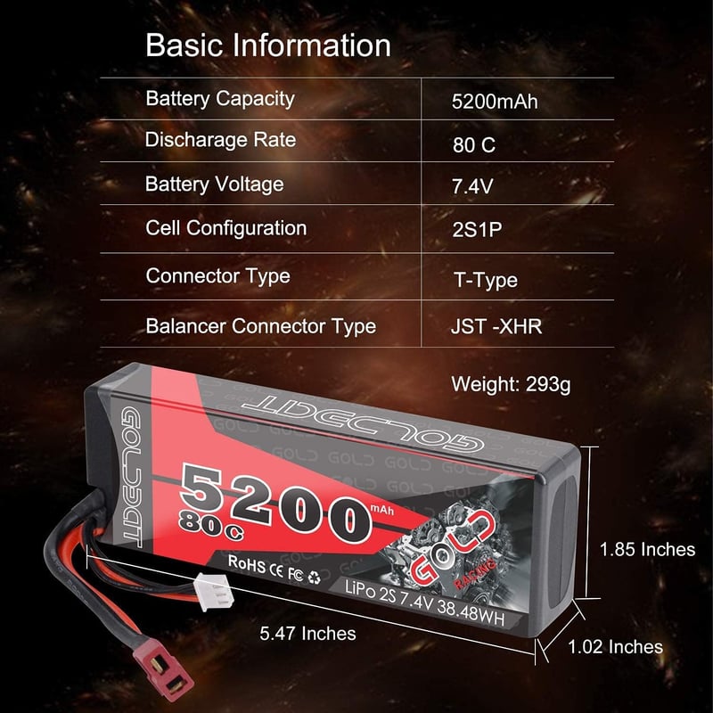 GOLDBAT 5200 mAh 7.4V 2S 80C LiPo akkumulátor RC járművekhez, Deans csatlakozóval - RC autó, hajó, drón, helikopter modellekhez