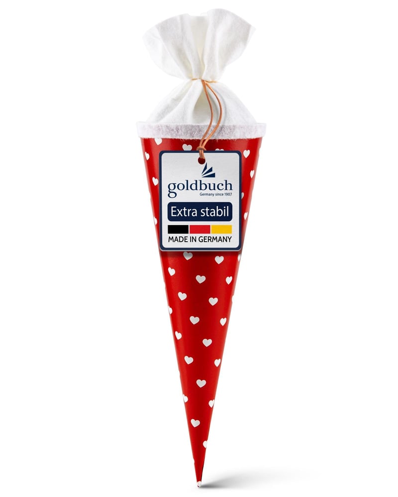 Goldbuch školský kornút so srdiečkovým vzorom, lakovaný kartón, darčekové balenie s bielym filcovým uzáverom, červený, 35 cm x 11,5 cm, vrecúško pre súrodenca na cukríky