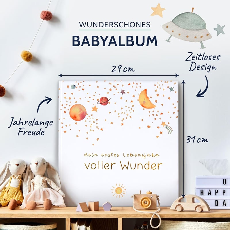 goldbuch Világűr Mintás Babaalbum 58 Fehér Lappal és Aranyozással 30x31 cm - White, Space Baby Album