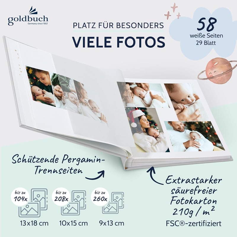 goldbuch Világűr Mintás Babaalbum 58 Fehér Lappal és Aranyozással 30x31 cm - White, Space Baby Album